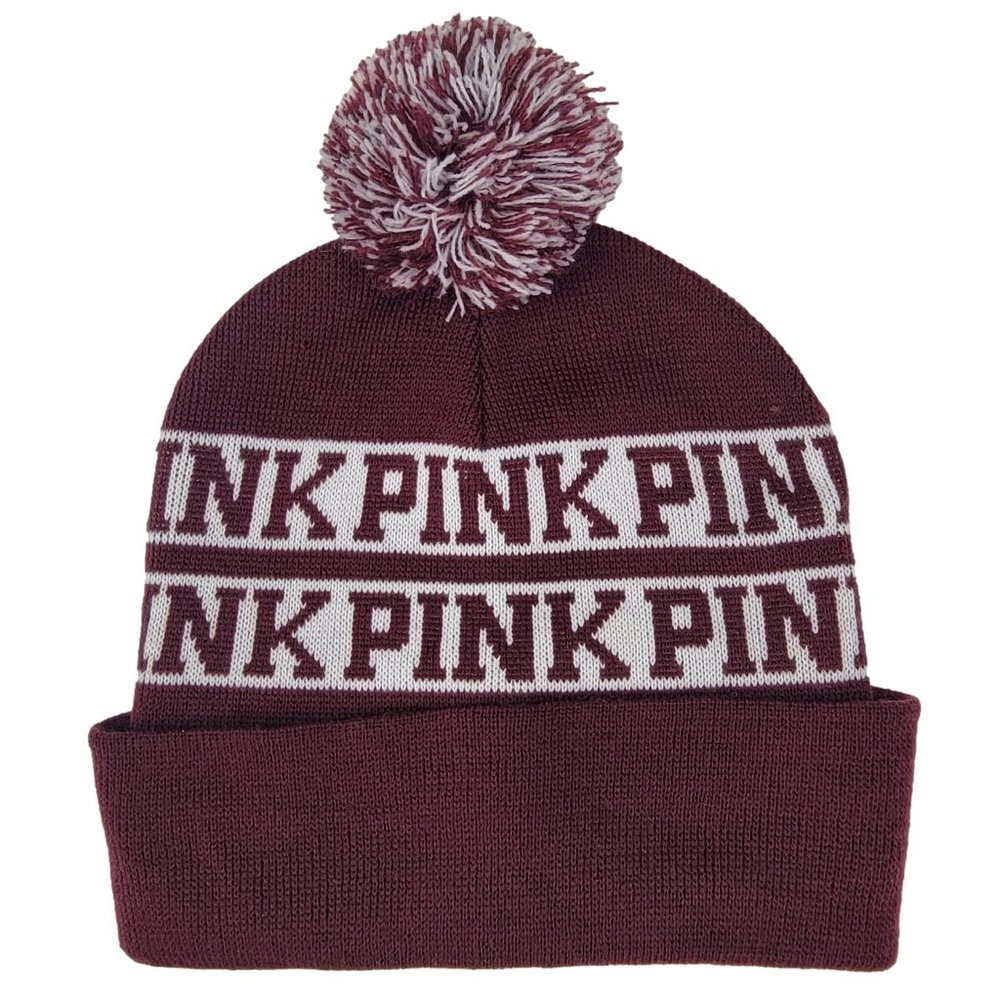 PINK Victoria's Secret Beanie Womens Maroon Logo Pom Pom Knit Winter Ski Hat OS